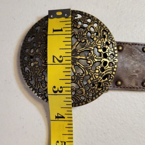 Brown Leather Belt with Studded Coin Accents Medalion Buckle Boho Western - Picture 10 of 11